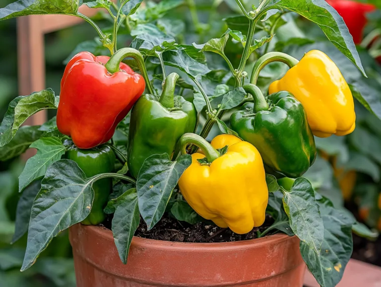 Bell Pepper Cultivation in a container garden, with red, yellow and green peppers ripening on the plant.