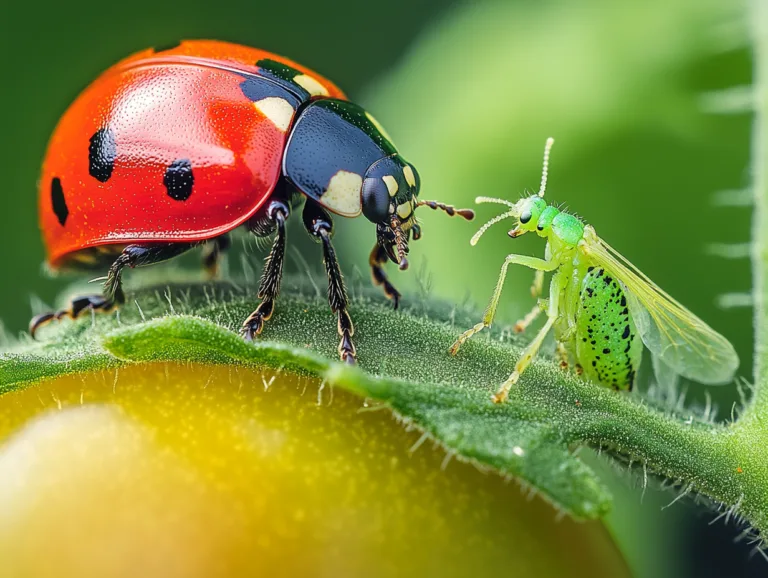 Beneficial insects for garden defense: a ladybug and a green lacewing on a leaf.