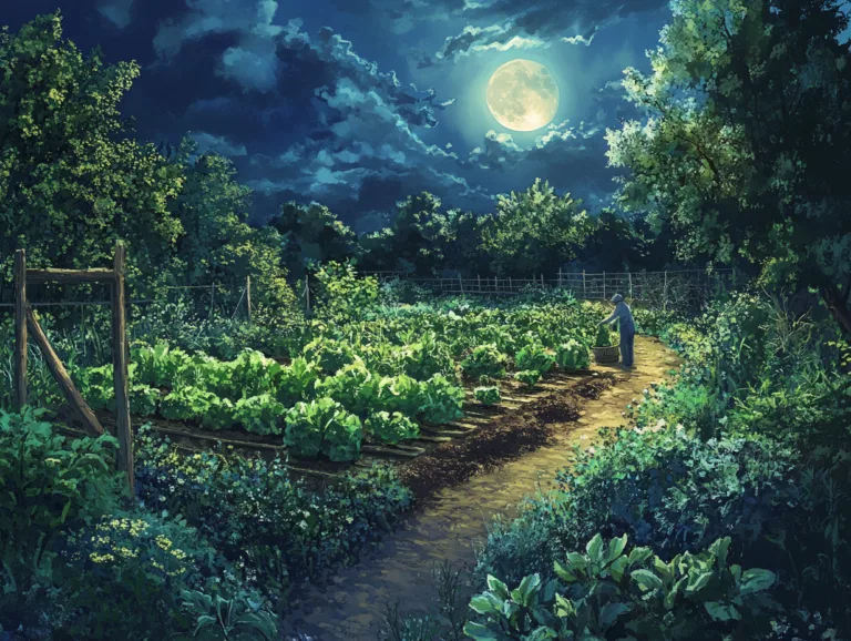Vegetable garden at night under a full moon, illustrating biodynamic farming principles.