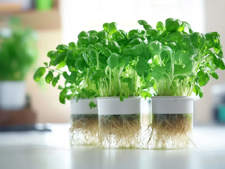 Leafy greens in a DIY Hydroponic System bucket, white roots suspended in the nutrient solution.