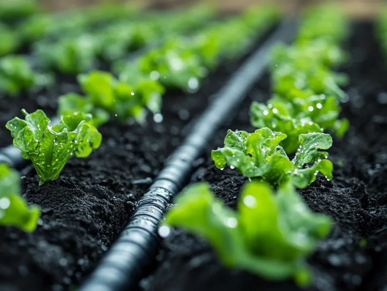 Drip tape installation watering young lettuce plants in a vegetable garden row.