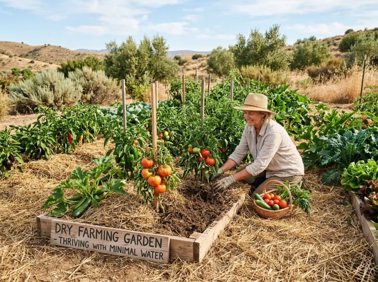 Dry Farming Techniques in a mulched bed where a gardener tends tomato plants without irrigation