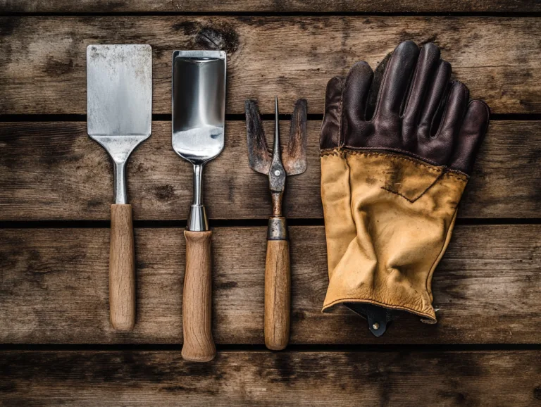 Essential gardening hand tools and leather gloves arranged on a wooden surface.
