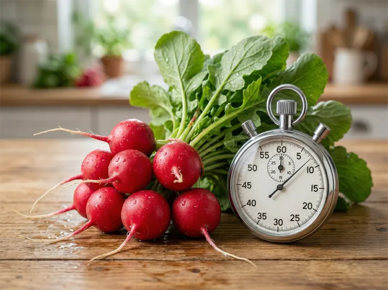 Fast growing root veggies: fresh radishes with green leaves next to a stopwatch.