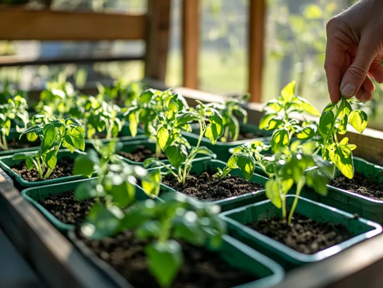 Hardening Off Plants: a hand checking the stems of young vegetable seedlings in small pots outdoors.