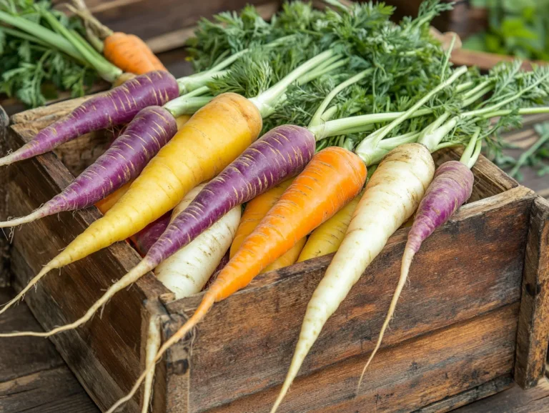 Heirloom carrot varieties in purple, yellow, orange and white in a wooden crate.