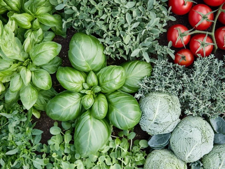 Herb companion planting: basil, thyme, cabbage and tomatoes growing together in a garden bed.