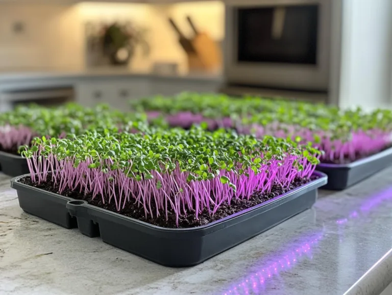 Indoor Microgreens Setup: trays of microgreens growing on a kitchen countertop under LED grow lights.