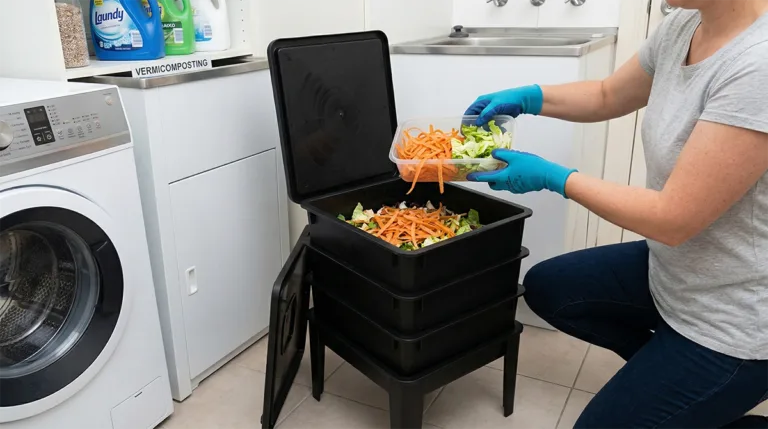 Person adding vegetable kitchen scraps to an Indoor Worm Bin.