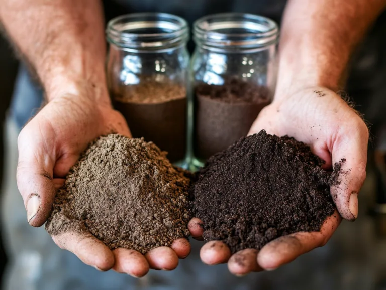 Loam soil preparation: comparing sandy soil and rich loam soil held in two hands.
