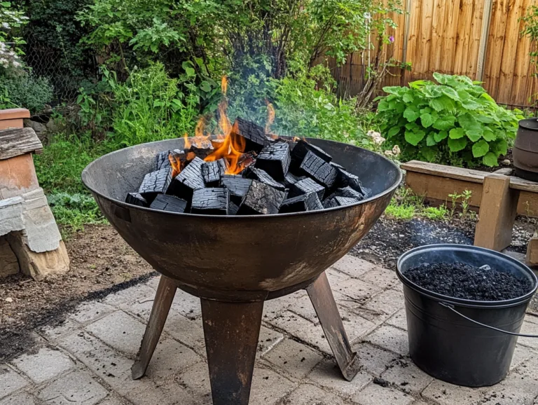 Making Biochar at Home: a metal fire bowl with burning wood charring prunings in a backyard garden.