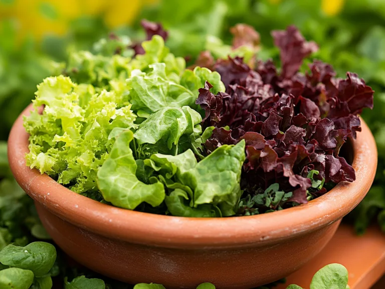 Mesclun mix growing in a container garden, with green and red lettuce varieties.