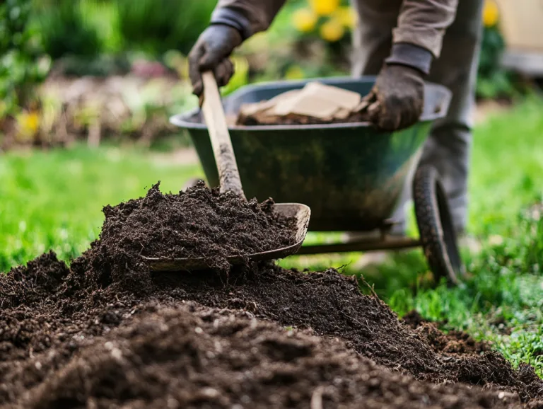No-Dig Gardening Method: shovel spreading compost from a wheelbarrow onto garden soil.