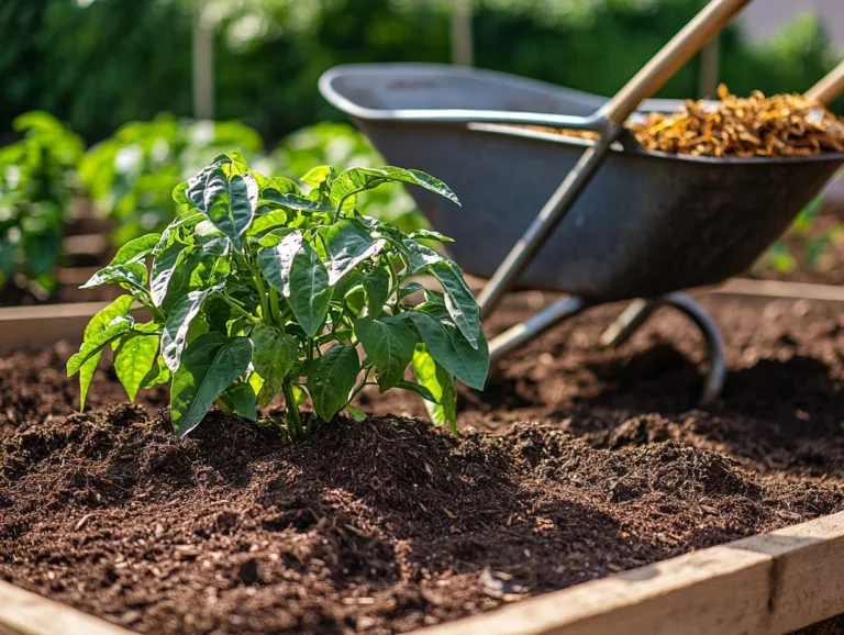 Organic Garden Mulch laid several inches deep around a young vegetable plant in a garden bed.
