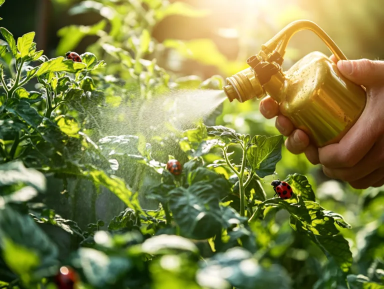 Organic pest control spray applied to vegetable leaves beside ladybugs, the two ends of Organic Pest Management.