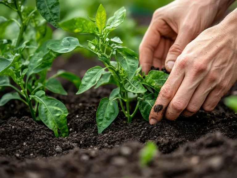 Organic Plant Food: hands applying organic fertilizer to young vegetable plants in garden soil.