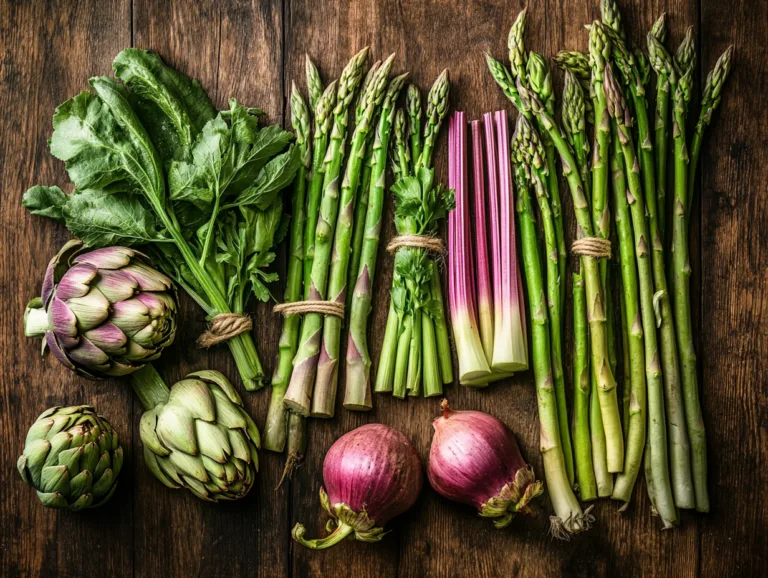 Perennial Vegetables List: assorted perennial vegetables including asparagus, artichokes, rhubarb, and leafy greens on a wooden surface.