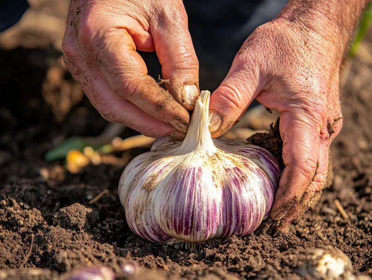 Hands setting a hardneck garlic bulb into loose dark soil when planting garlic bulbs in fall.