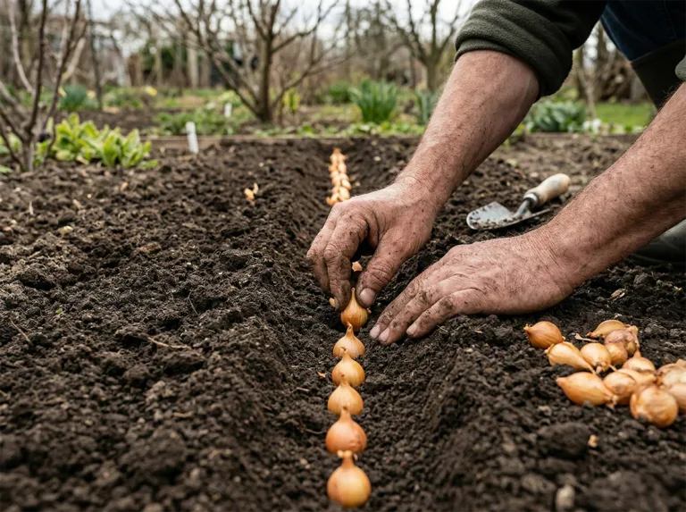 Planting onion sets in garden soil row for growing bulb onions.