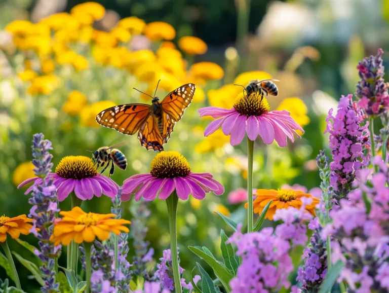 Pollinator friendly garden: a butterfly and bees feeding on purple coneflowers.