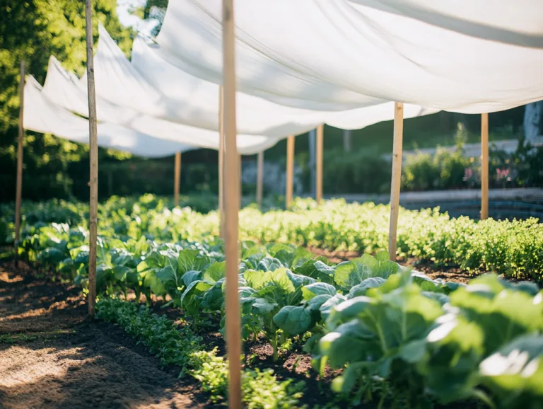 Protecting plants from extreme heat: vegetable beds under shade cloth on wooden poles.