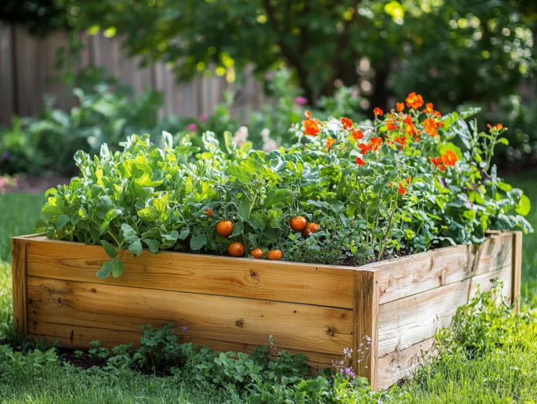 Raised bed crops: leafy vegetables and companion flowers filling a wooden raised garden bed.