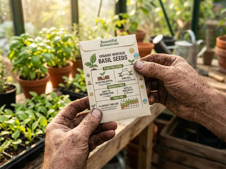Reading seed packets: a gardener studies a basil packet with planting instructions in a greenhouse.