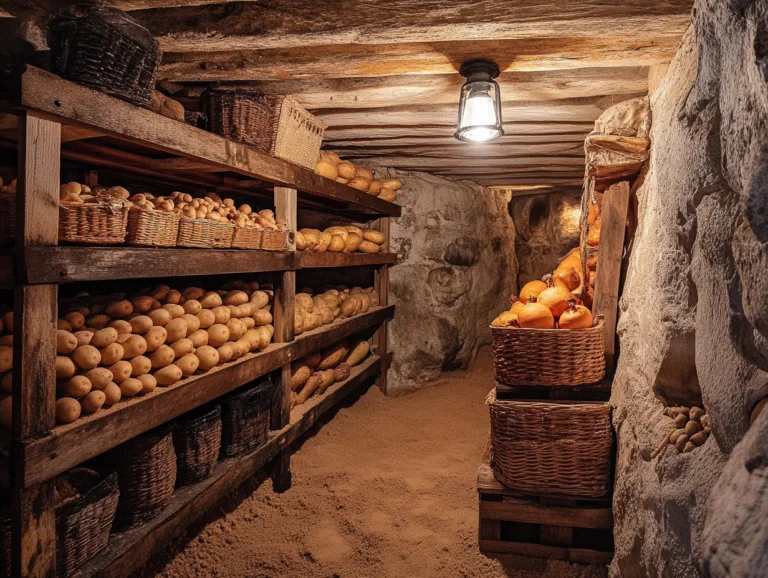 Root Cellar Storage: shelves of potatoes, onions and baskets of root vegetables in a cool cellar.