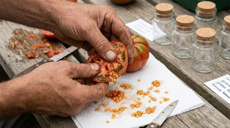 Saving vegetable seeds: hands removing tomato seeds beside small glass jars.