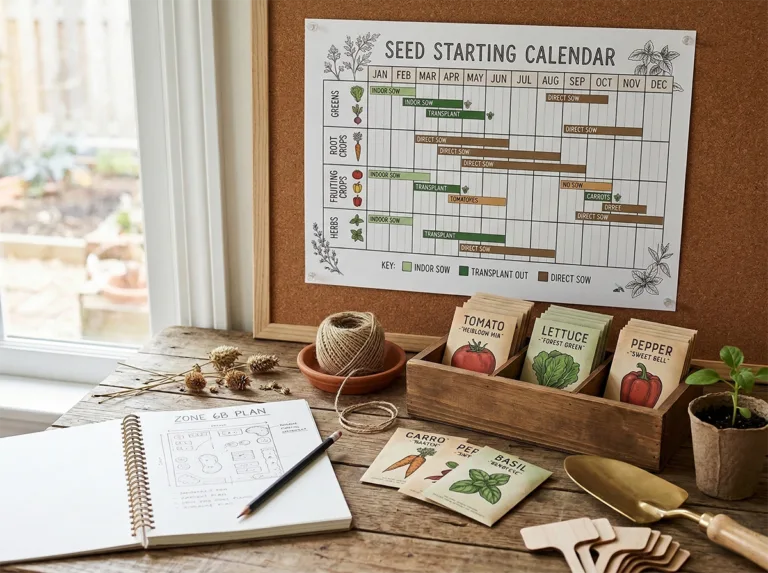 Seed starting calendar chart displayed above gardening tools and vegetable seed packets.