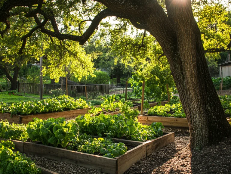Shade Tolerant Vegetables growing as leafy greens in raised beds beneath mature trees
