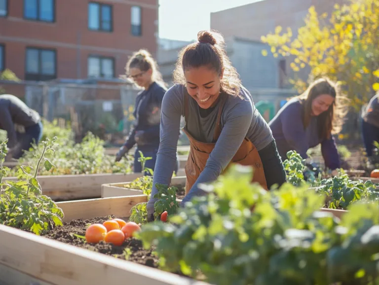 Starting a community garden: neighbors working together in raised vegetable beds.
