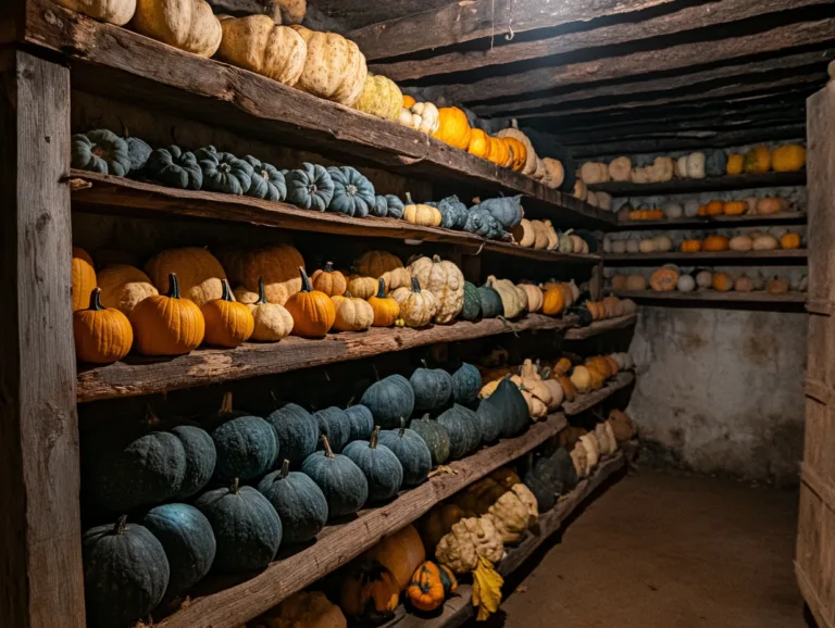 Winter squash stored on wooden shelves in a cool cellar for long-term preservation.