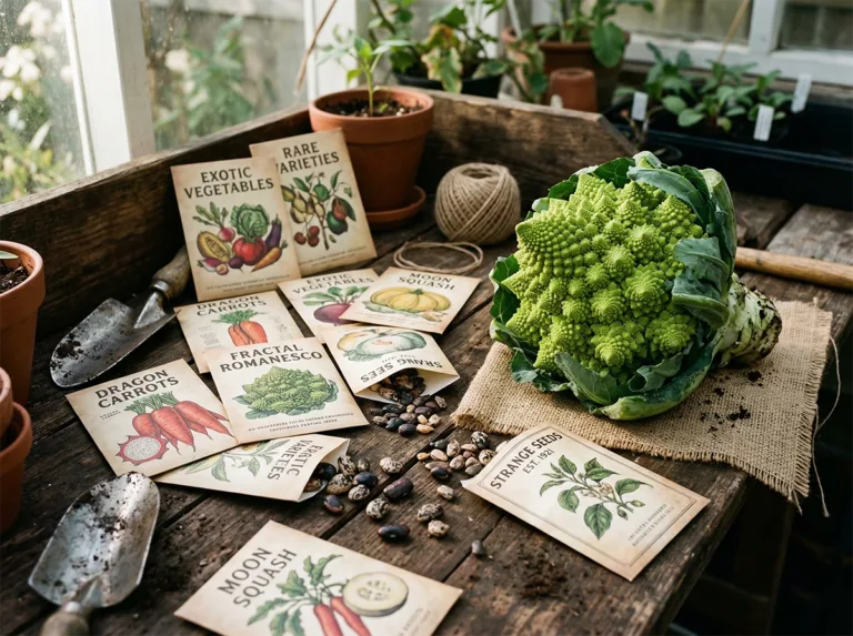 Unusual vegetable seeds: Romanesco broccoli and assorted seed packets on a gardening table.