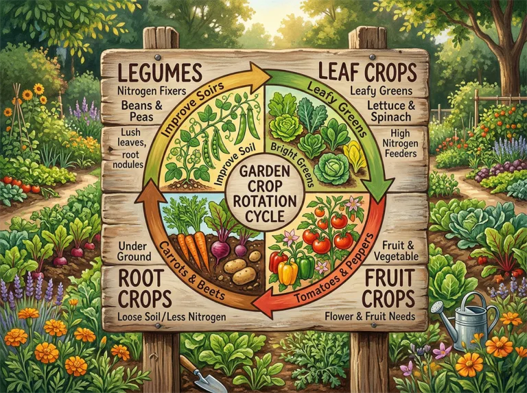 Vegetable crop rotation cycle infographic showing legumes, leaf crops, root crops and fruit crops.