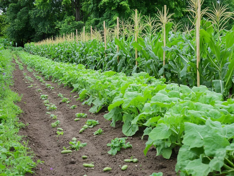Vegetable intercropping with corn and leafy greens growing together in garden rows.