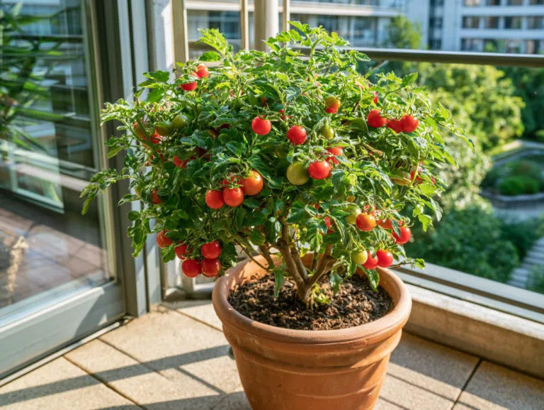 Compact dwarf tomato plant growing in a container, covered with ripe red tomatoes on a sunny balcony.