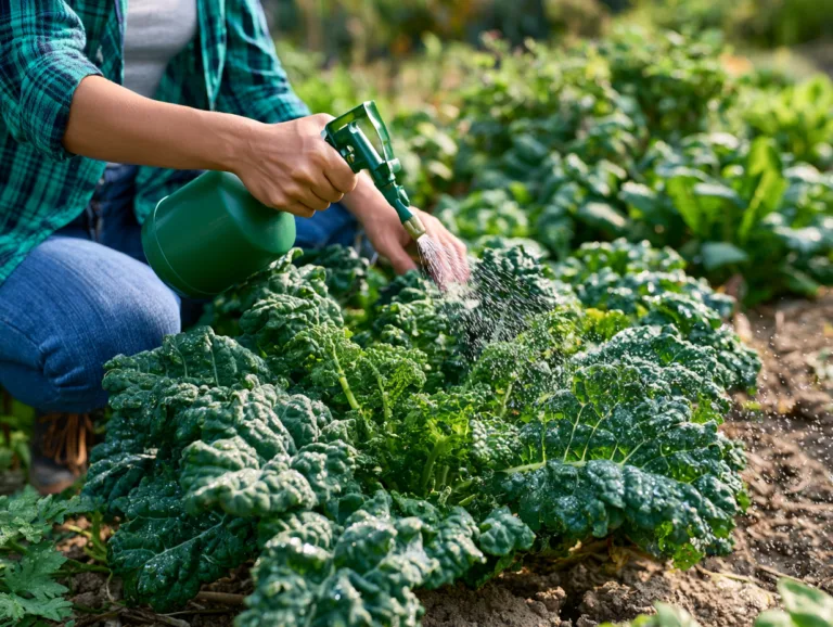Gardener spraying a nutrient solution onto leafy green vegetables in a garden bed.