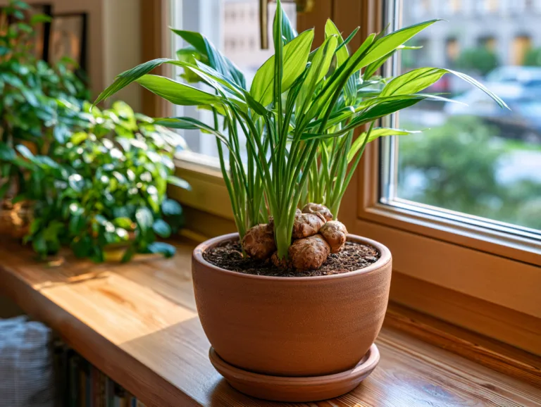 Healthy ginger plant growing in a terracotta pot on a sunny indoor windowsill, with ginger rhizomes visible above the soil.