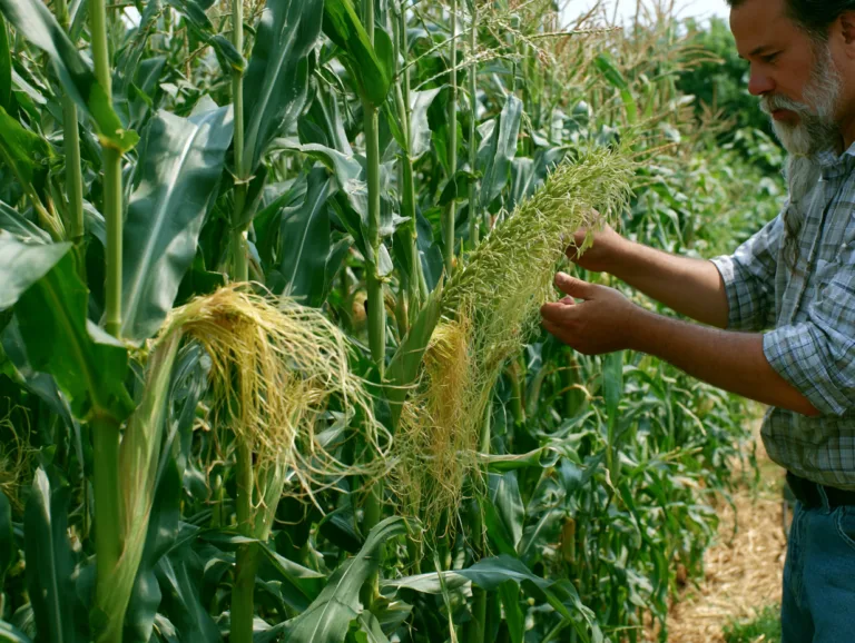 Gardener inspecting corn tassels and silks in a backyard corn patch to improve pollination and kernel development.
