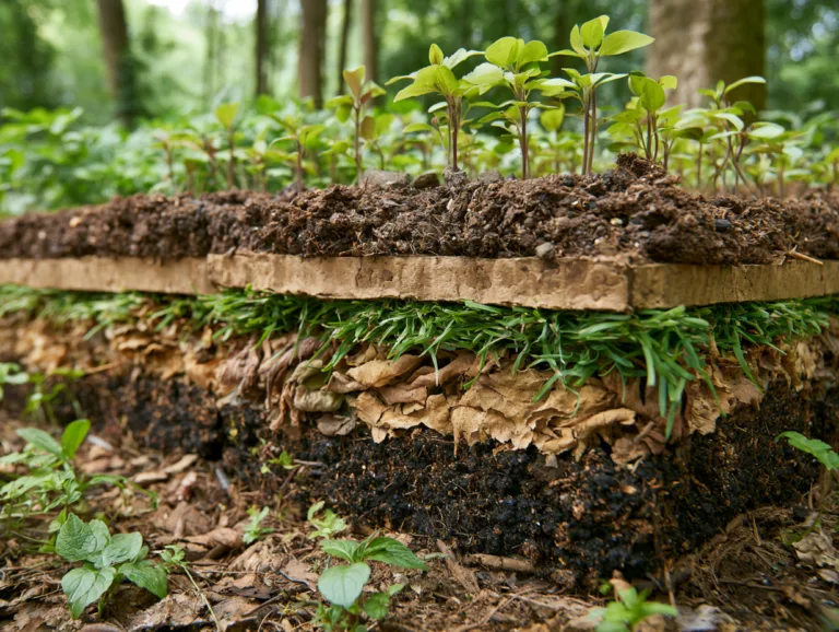 Cross-section of a lasagna garden bed showing layered organic materials, cardboard, compost, and young plants growing in rich soil.