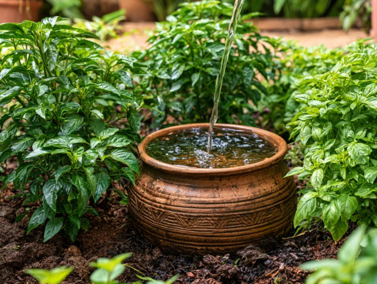 Clay olla irrigation pot being filled with water in a garden bed surrounded by healthy vegetable plants.