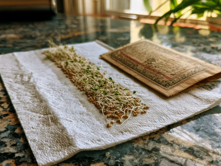Sprouted seeds arranged on a damp paper towel during a home germination test, with a packet of seeds nearby.