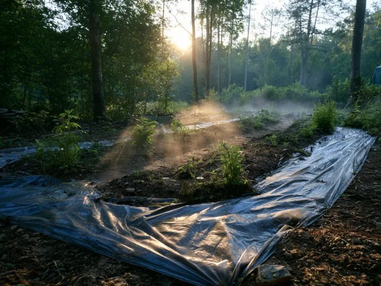 Garden beds covered with clear plastic sheeting under sunlight as part of a soil solarization treatment.