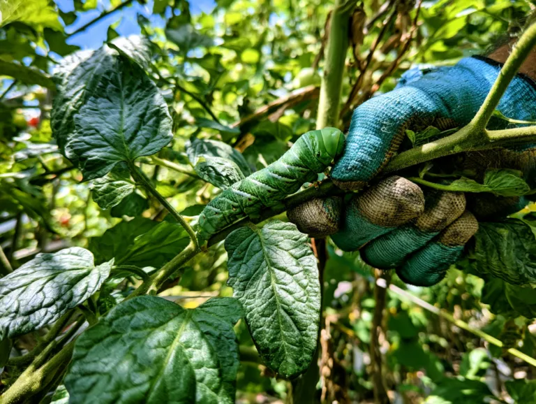 Gardener wearing gloves removing a large green tomato hornworm from a tomato plant stem in a vegetable garden.