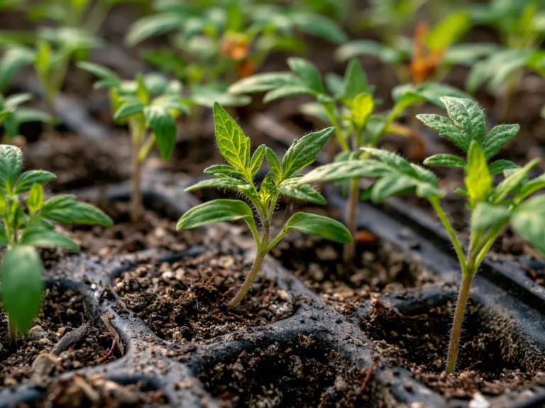 Healthy seedlings growing in a tray with dark potting mix.