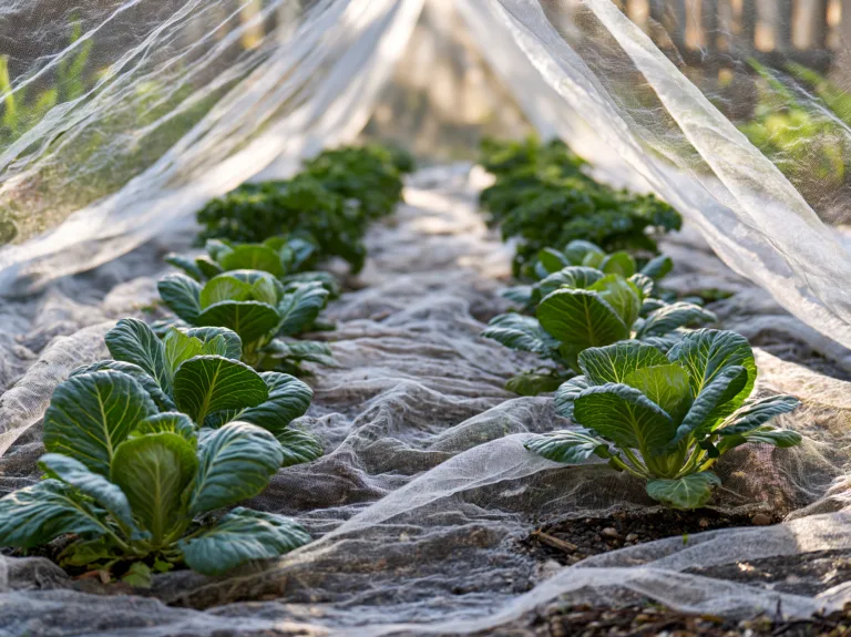 Brassica plants growing under floating row covers in a garden bed.