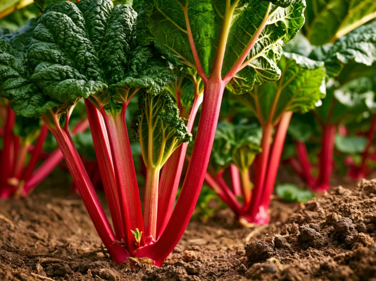 Rhubarb plants with bright red stalks and large green leaves growing in garden soil.