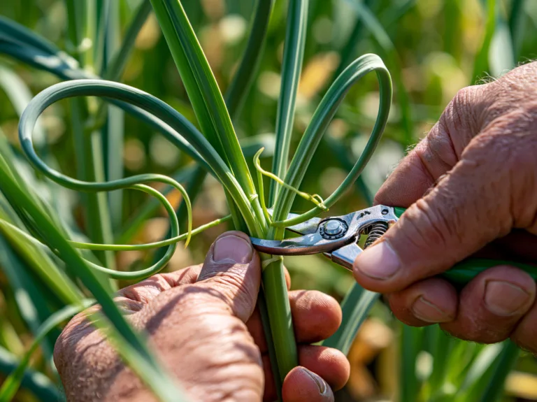 Hands pruning curled garlic scapes from green garlic plants with garden shears.