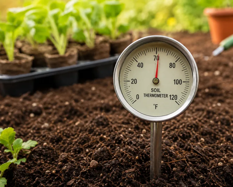 Soil thermometer reading 70°F in a garden bed with young seedlings nearby.